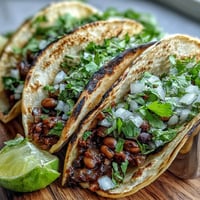 Warm Black-Eyed Pea Tacos stuffed with seasoned mash, fresh cilantro, onion, and salsa on a plate.
