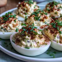 Classic Deviled Eggs with Paprika and Chives, creamy yolk filling piped into halved eggs and dusted with smoky paprika.