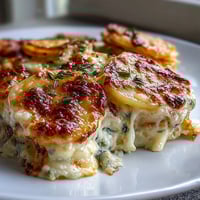 Creamy scalloped potatoes with Gruyere cheese, golden and bubbling, baked to perfection with layers of tender Yukon Gold potatoes.  