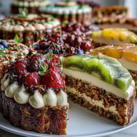 Easter Dessert Table featuring Carrot Cake, Pavlova, and Lemon Tart with fresh fruit and cream cheese frosting.