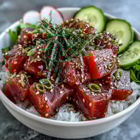 Vibrant Spring Tuna Poke Bowl with tender marinated tuna, crisp radish, cucumber, and ponzu sauce over seasoned sushi rice.  