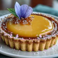 Vibrant lemon curd tart with a golden, buttery crust and fresh edible flowers for a bright spring dessert.  