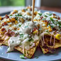 Cinco de Mayo Elote Nachos with Chipotle Crema, loaded with charred corn, melted cheese, and smoky chipotle drizzle.  