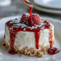 No-bake cheesecake with raspberry coulis, creamy and smooth, on a buttery biscuit crust, perfect for Mother's Day celebrations.