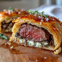 Individual Beef Wellington: golden puff pastry parcels encasing tender beef medallions with rich mushroom duxelles, perfect for elegant dinner parties.  