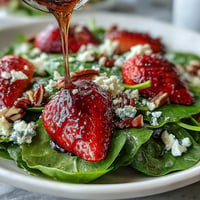 A vibrant spring salad with fresh strawberries, baby spinach, creamy goat cheese, and toasted pecans, tossed in balsamic vinaigrette.