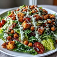 Creamy vegan Caesar salad overflowing with crunchy chickpea croutons for delightful texture.
