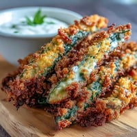Golden, crispy pickle fries piled high alongside a creamy spicy mayo dip.