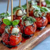 Caprese skewers appetizer: colorful cherry tomatoes, mozzarella, basil, drizzled with balsamic glaze.